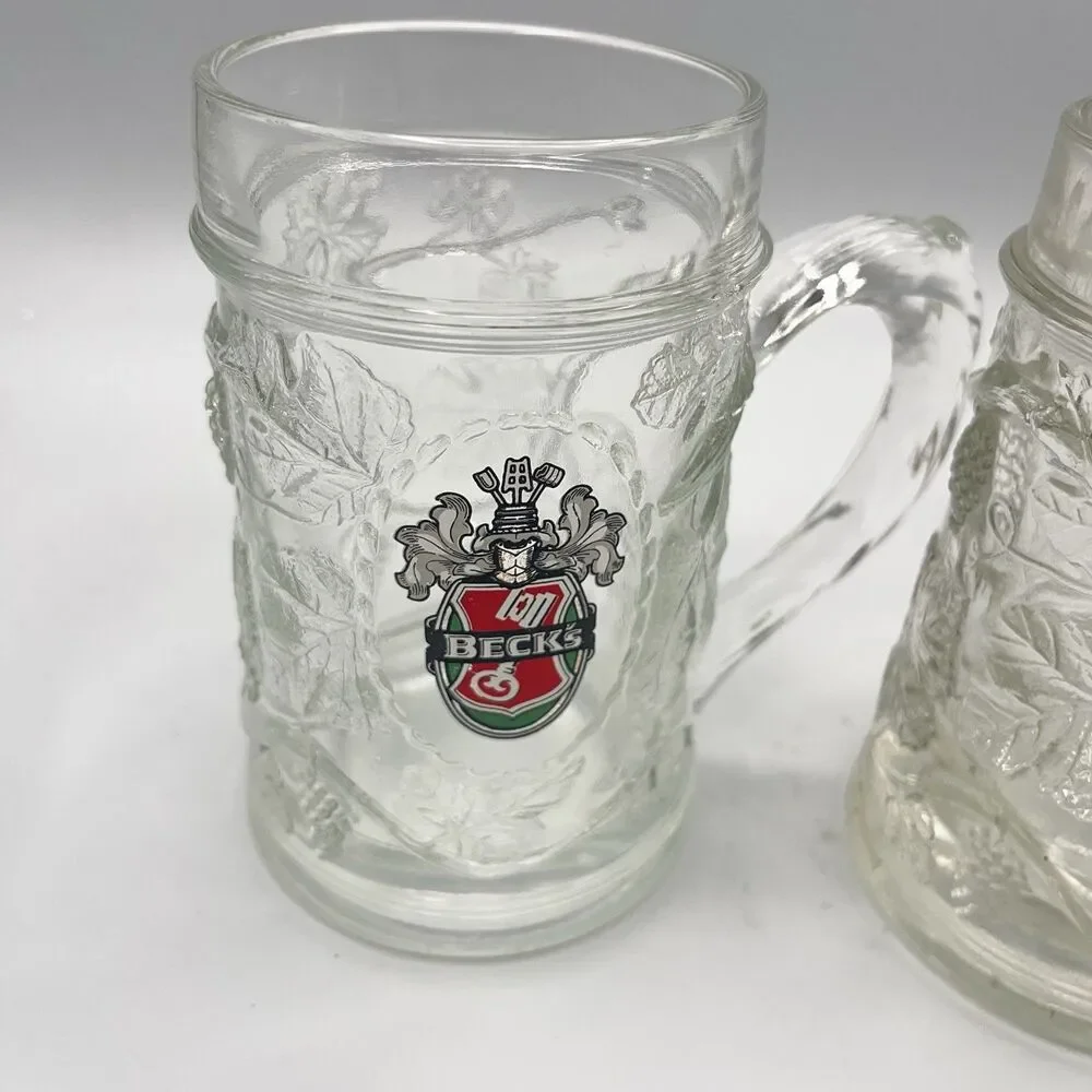 Becks Beer Heavy Thick Glass Mug Stein Grape Leaf Design Germany Set Of 2